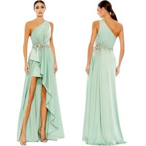 Mac Duggal Sage Green Embellished One Shoulder Asymmetric Gown Size 4 #11262 NWT